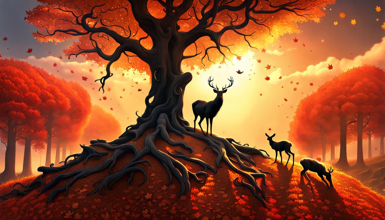 Magical Autumn Tree with Deer Silhouettes in 3D