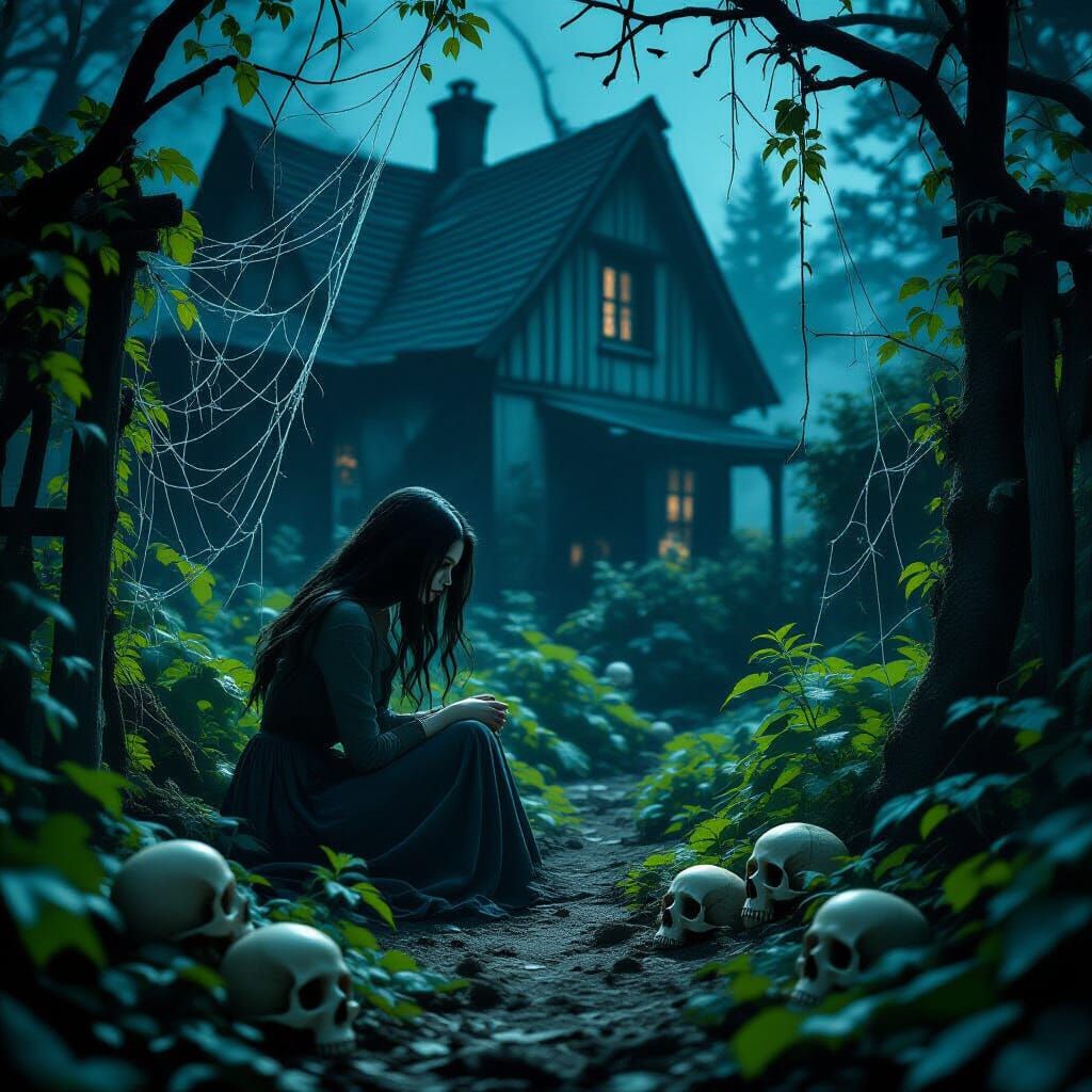 Eerie Garden Woman in Haunting Surreal Style