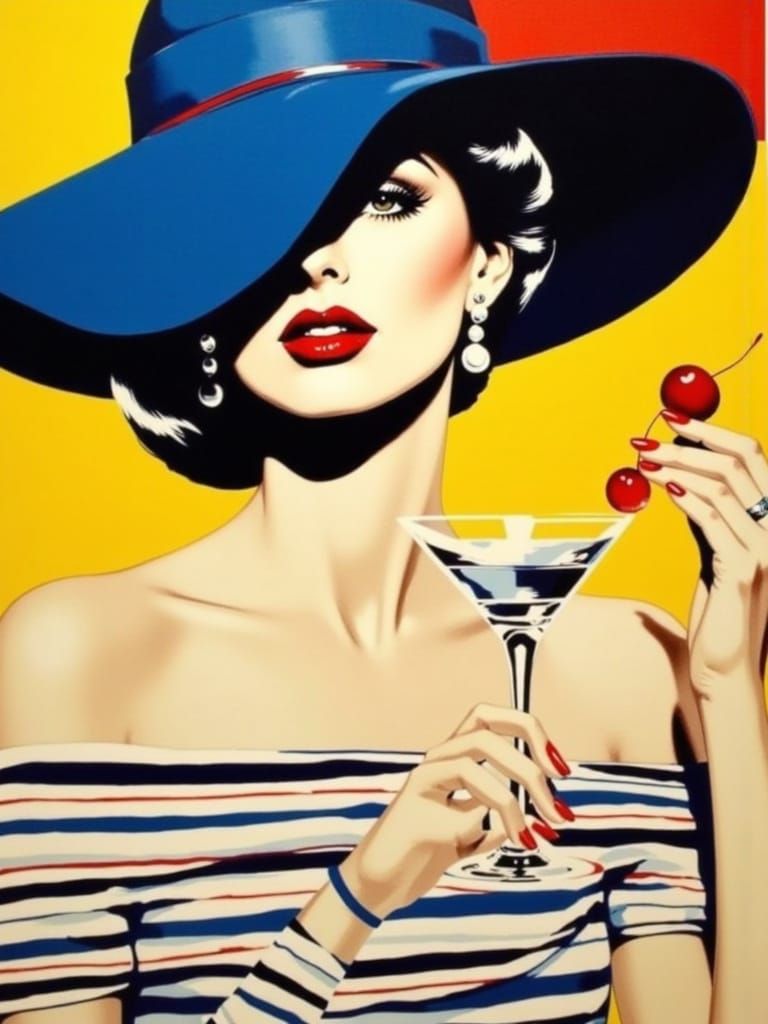 Striking Pop Art Woman with Martini and Oversized Hat