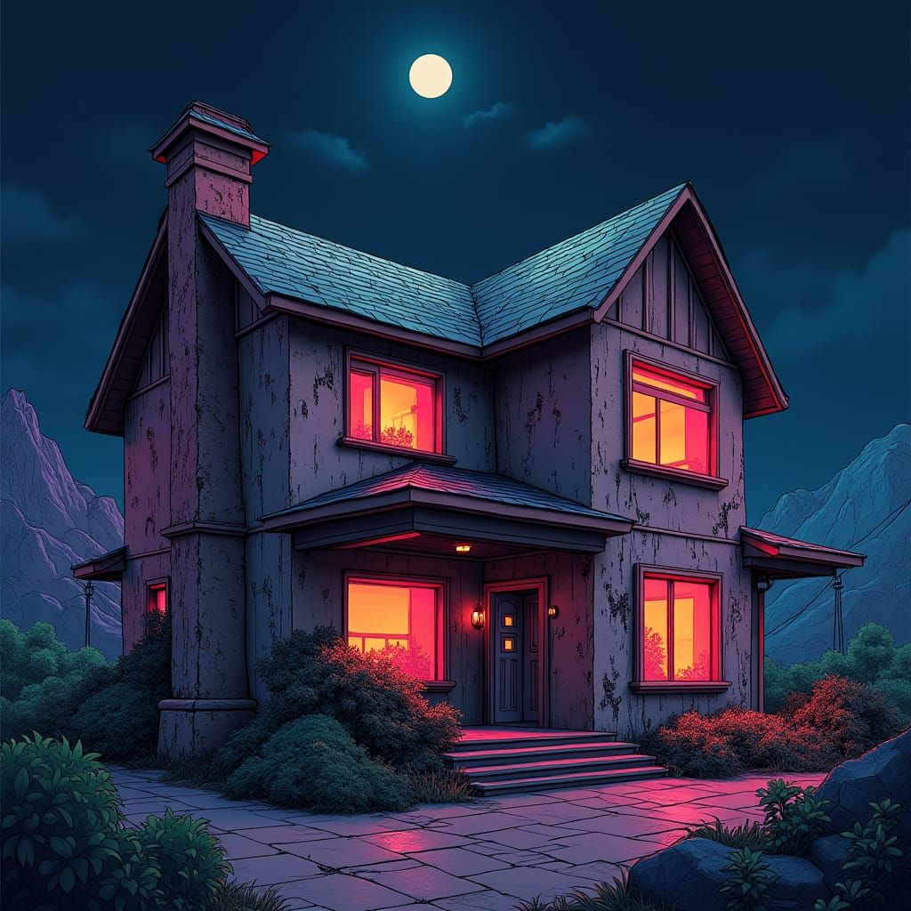 Cartoon Rundown House with Synthwave Neon Accents