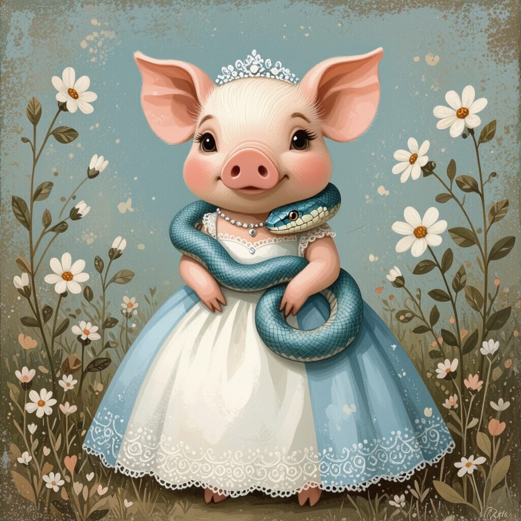 Piggy Bride with Snake, Whimsical Illustration