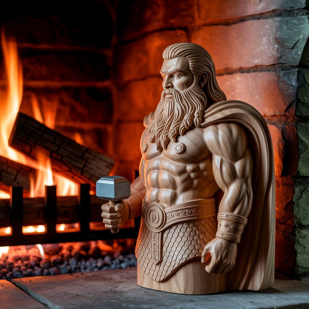 Wood Carving of Thor Bathed in Firelight