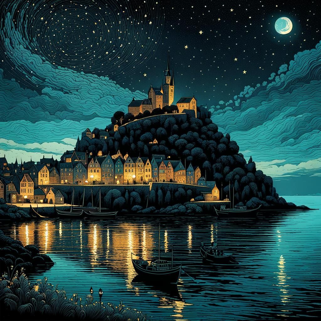 Medieval Port Town Under Starry Sky, Silhouette Art