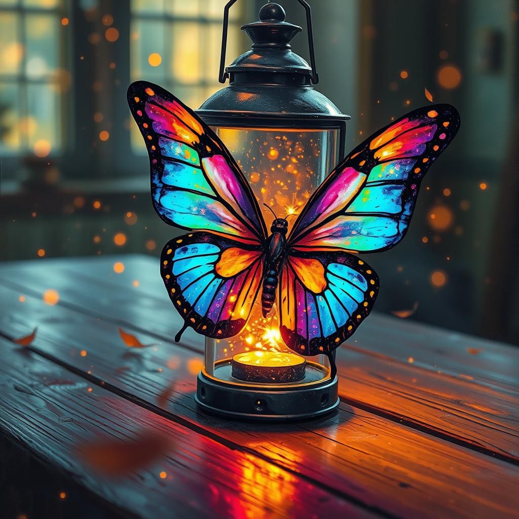 Adorable luminous glowing butterfly inside a lantern of fire...