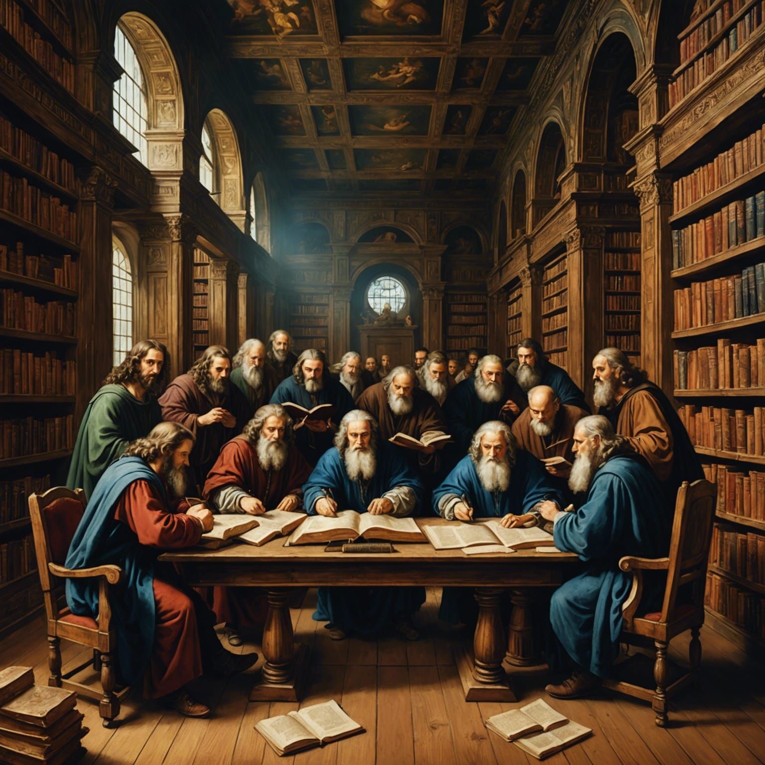 Renaissance Painting of Greek Scholars in Library