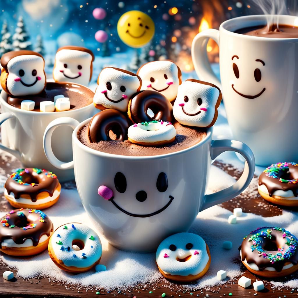 Marshmallow Faces in Hot Chocolate, Hyperrealistic Style