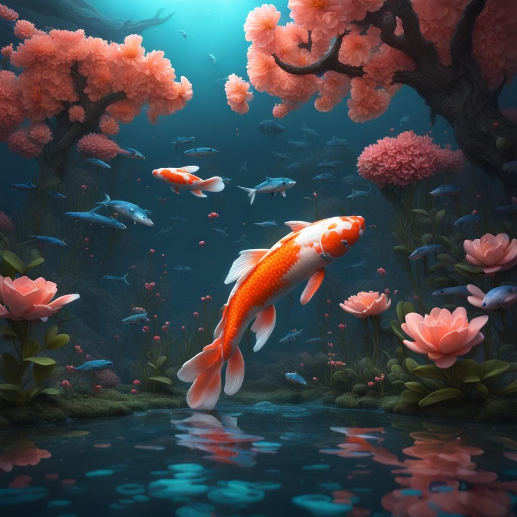 Underwater Scene with Koi, Wolf, and Alligator