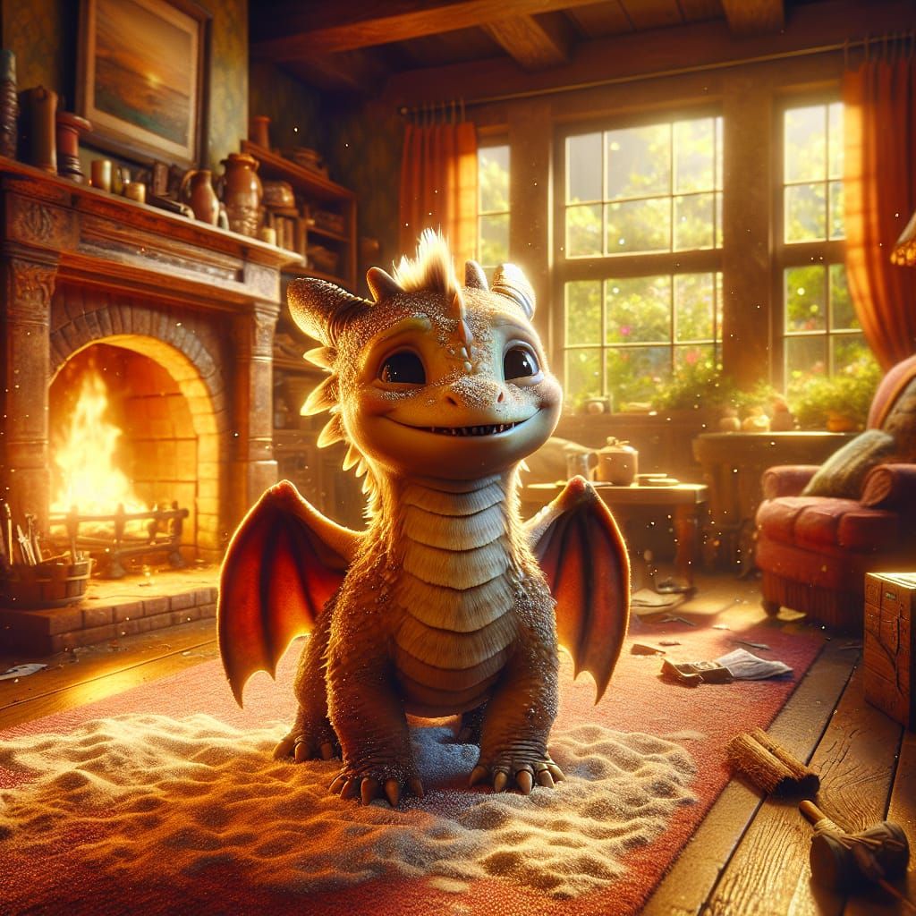 Young Dragon Resting in Cozy Living Room