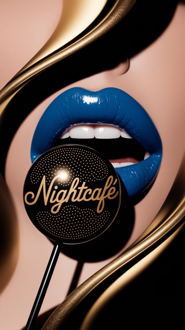 Glossy Blue Lips Hold Golden Lollipop in Vogue-Inspired Digi...