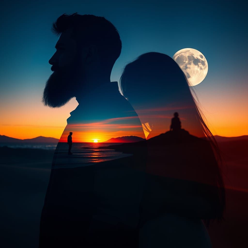 Vibrant Double Exposure of Man, Woman, and Landscapes