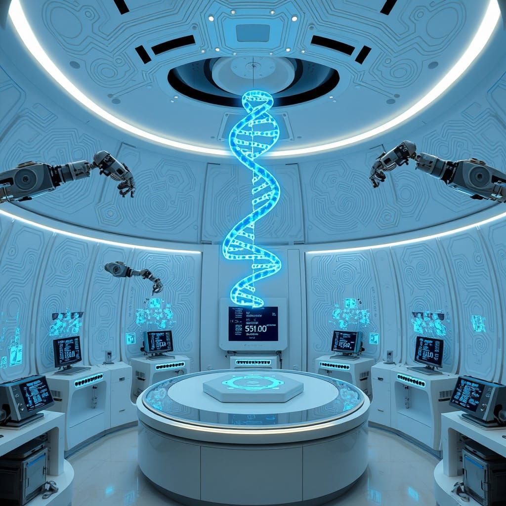 Future DNA Lab: A Futuristic DNA Hologram Rotates Above Cutt...