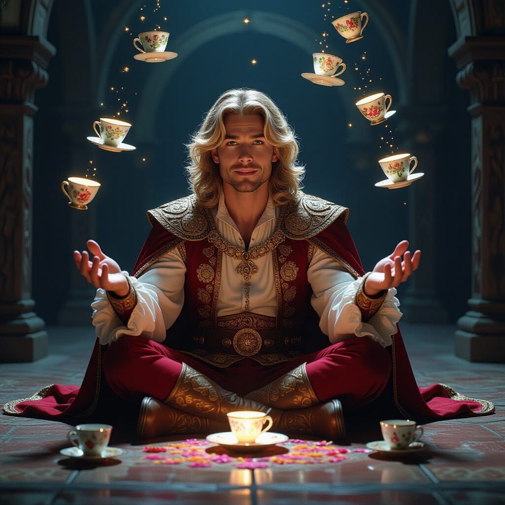 Enigmatic Prince Amidst Floating Tableware