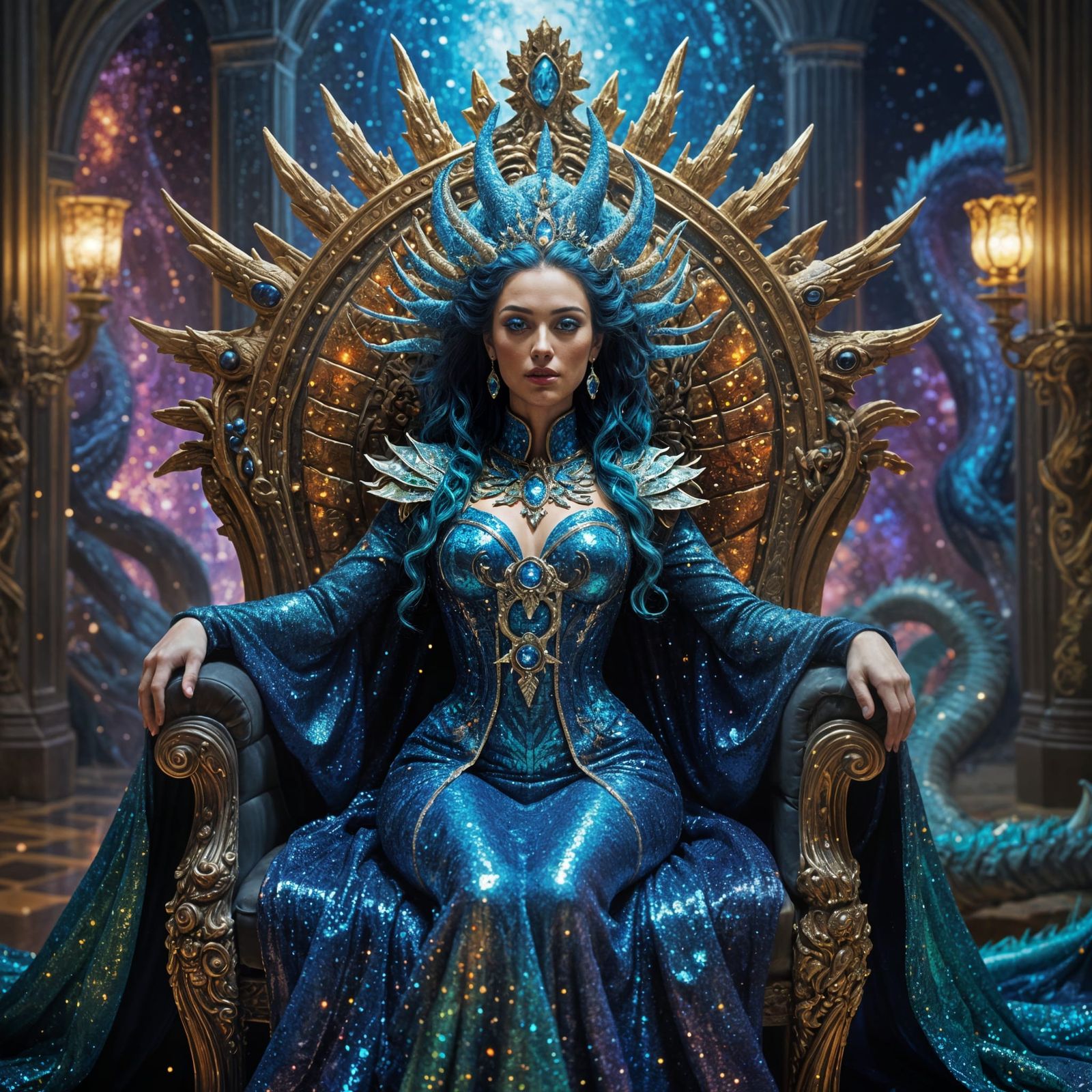 Dragon Queen in Vibrant Cosmic Attire