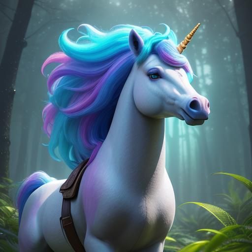 Vibrant Unicorn in Dreamlike Forest, Pixar Style