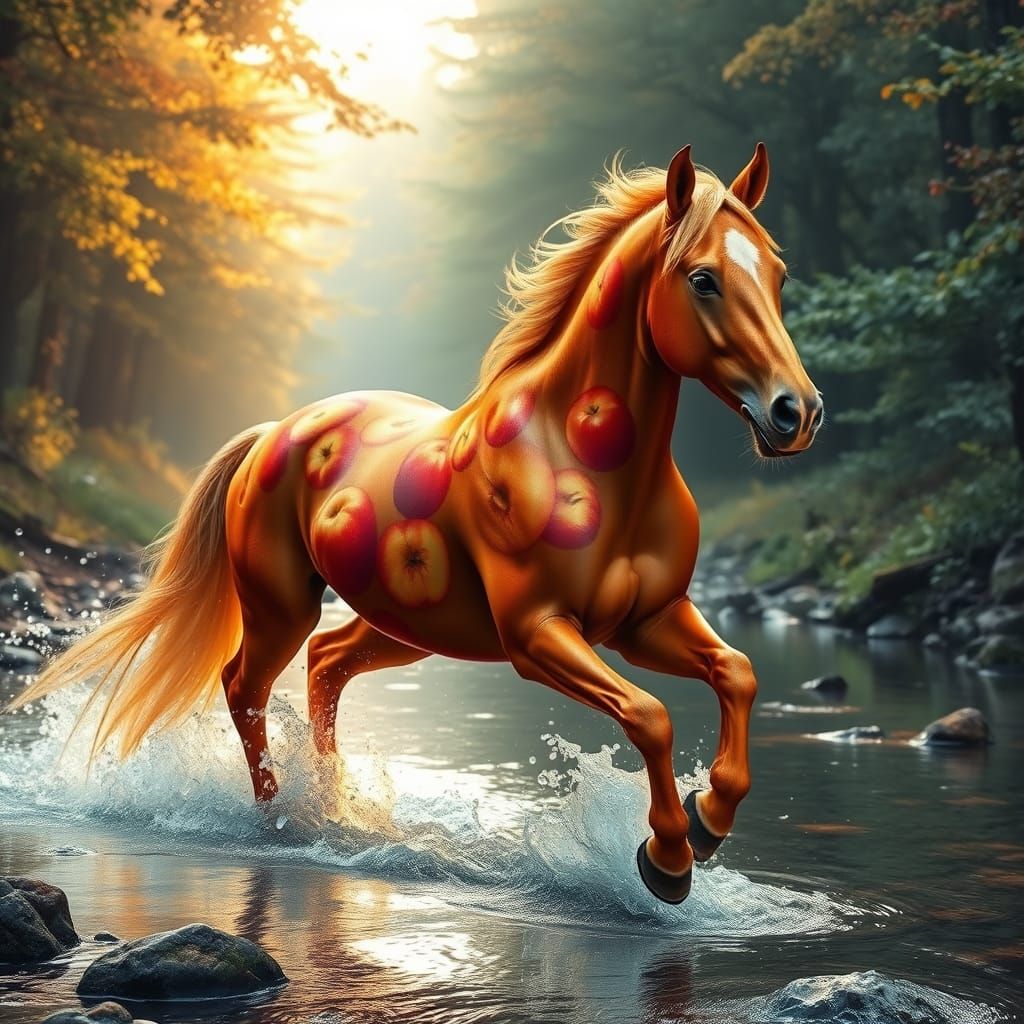 Golden Horse Gallops Through Vibrant Woods