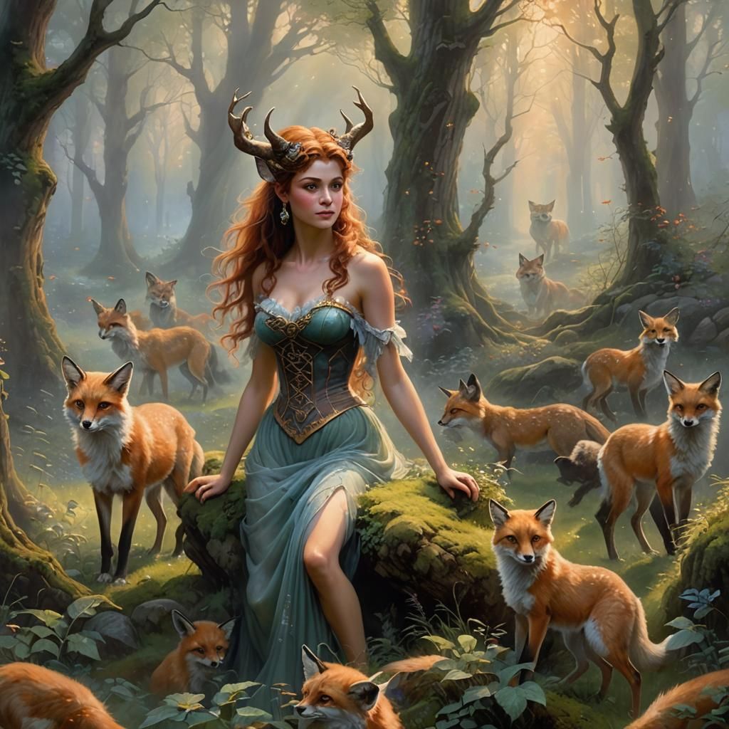 Female Satyr with Foxes in Ethereal Forest