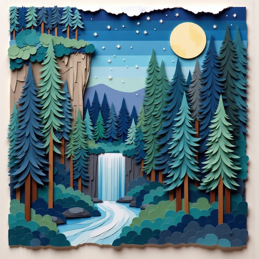 Pine Forest 3D, Torn Paper Layered Collage, Midnight Moon and Stars, Cliff with Waterfall, Pine Trees, Aspen Trees, Ripp...