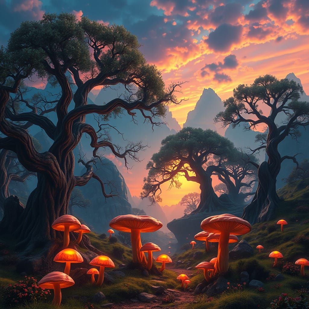 Ethereal Sunset Realm with Glowing Mushrooms and Ancient Tre...