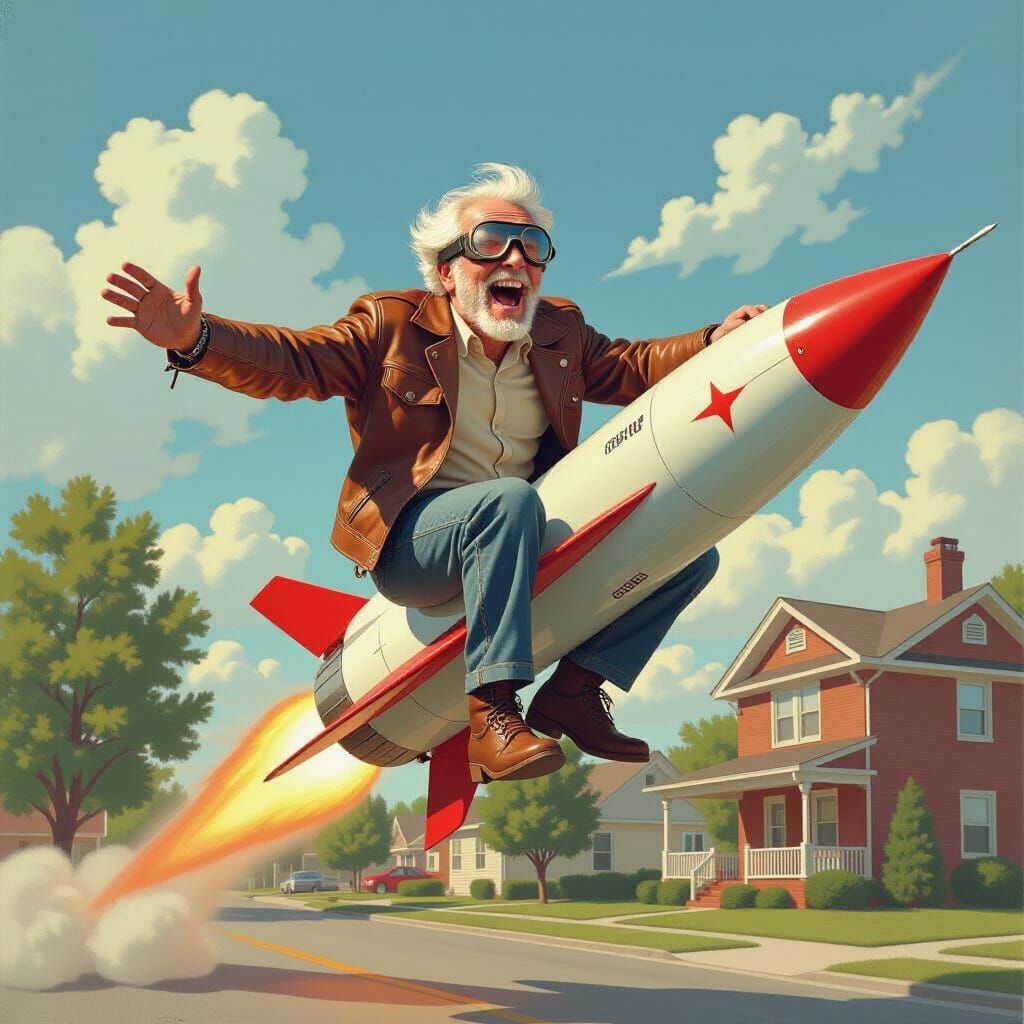 Elderly Rocket Rider Soaring Through Suburbia