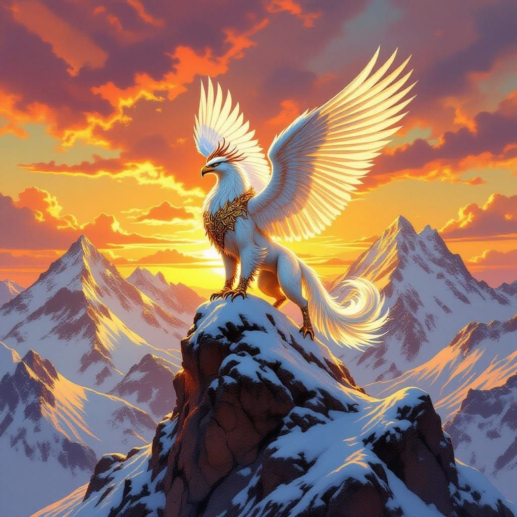 Majestic Griffin on Snow-Capped Mountain Peak at Sunset