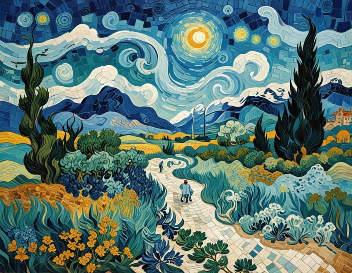 (landscape:1.5), Vincent Van Gogh and Salvador Dali, deep blue and turquoise dominant, fine-tuned mosaic ample use of wh...