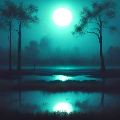 Fireflies over Moonlit Swamp in Horror Style