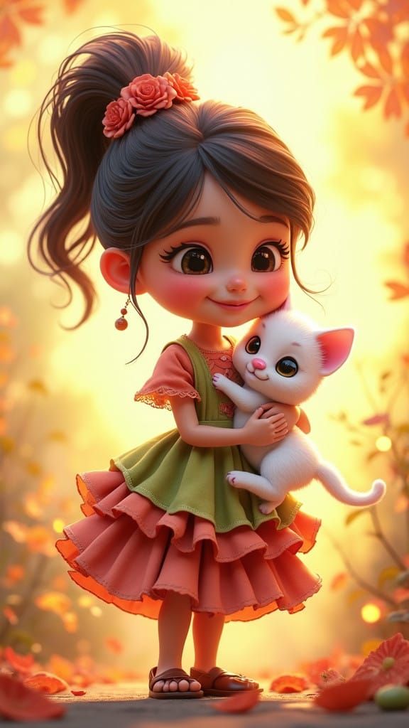 Gentle Girl Plays with Adorable White Kitten in Vibrant, Whi...