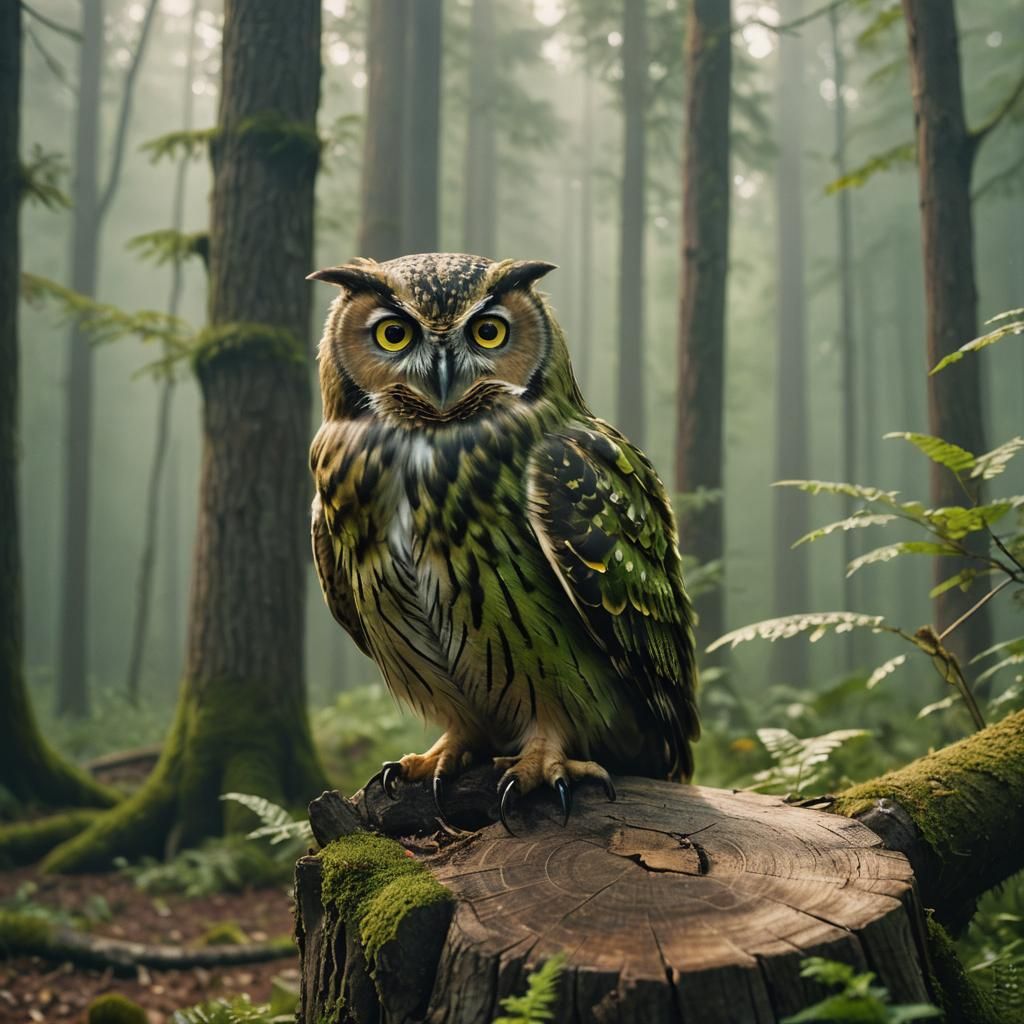 Friendly Green Owl in Misty Forest, Cinematic Still