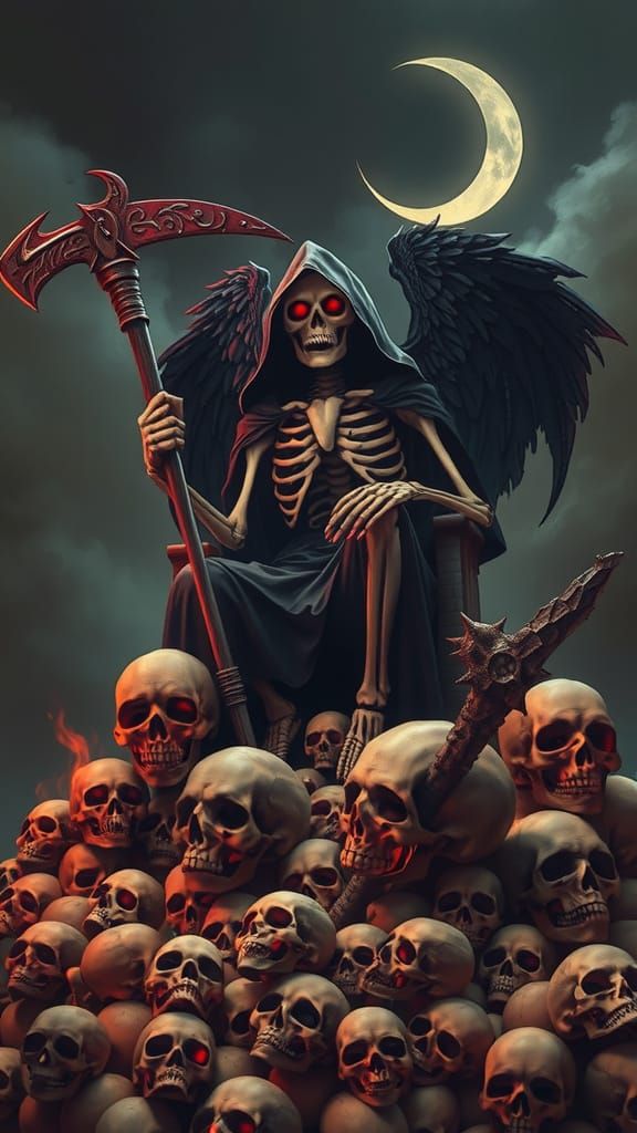 hooded skeleton sitting at top of pile of skulls