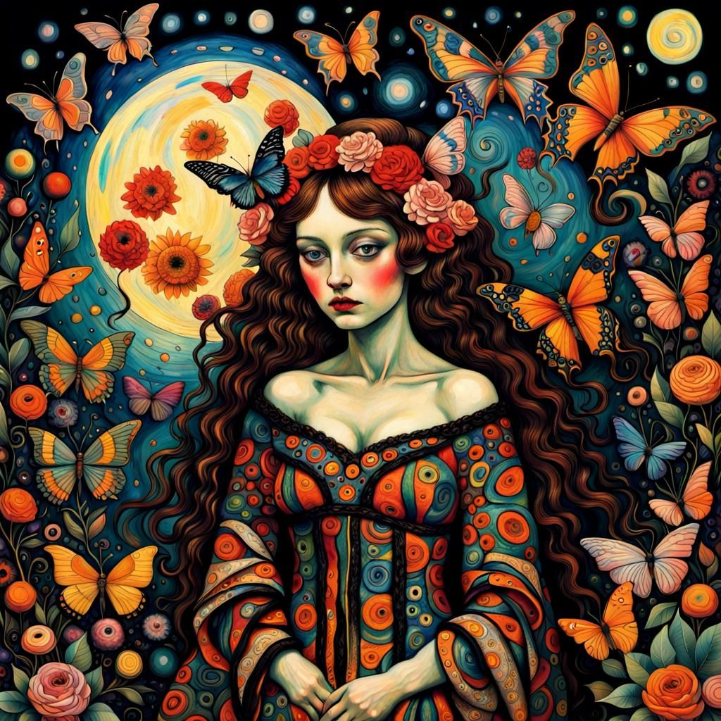 Butterfly Under Moon in Maximalist Surrealist Style