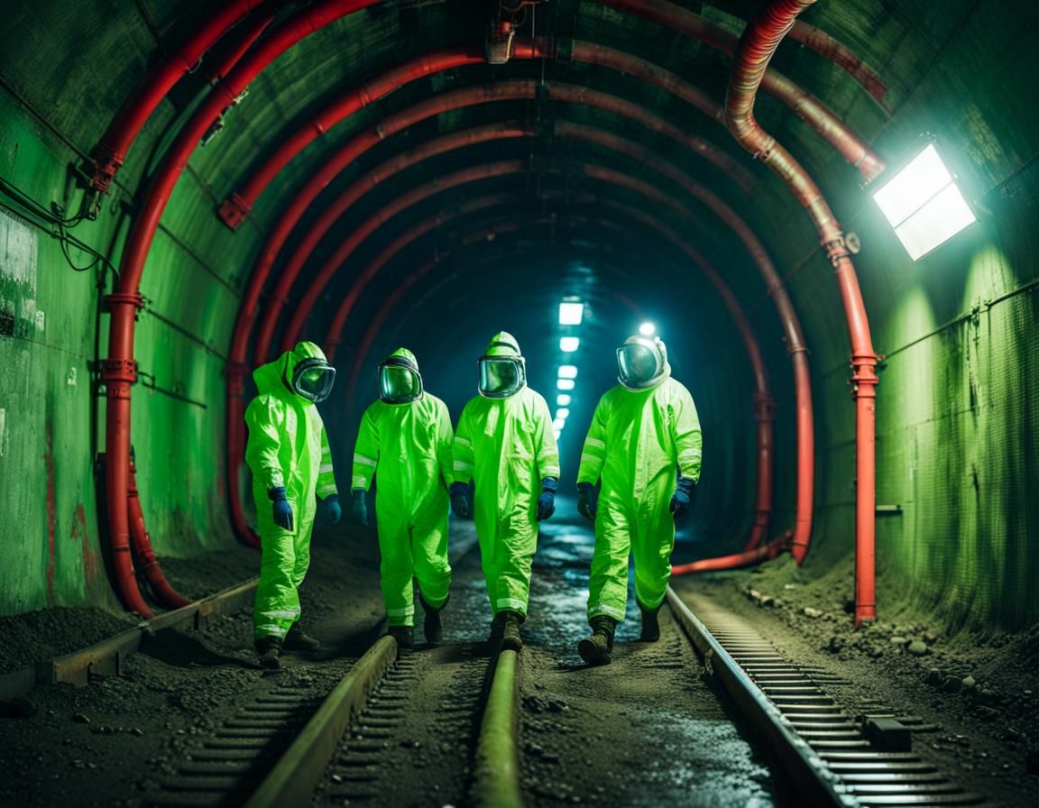 Men in Hazmat suits exploring an abandoned industrial tunnel.