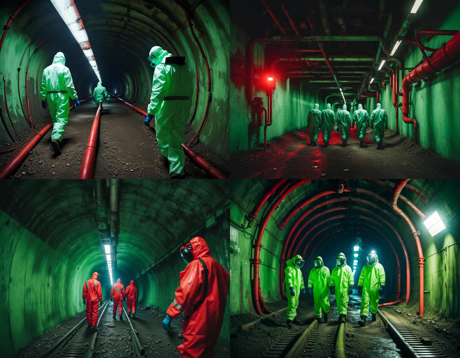 Men in Hazmat suits exploring an abandoned industrial tunnel.