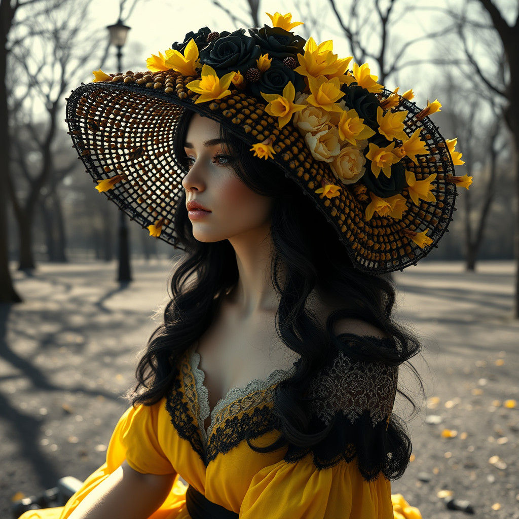 Woman in Bee Sunhat in Grayscale Park