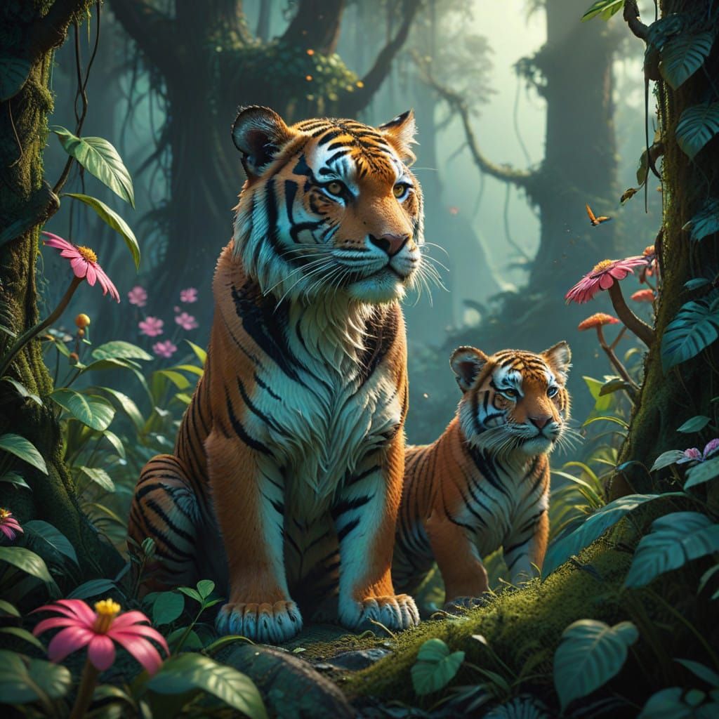 Vibrant Tiger Cubs Wrestle in Lush Jungle