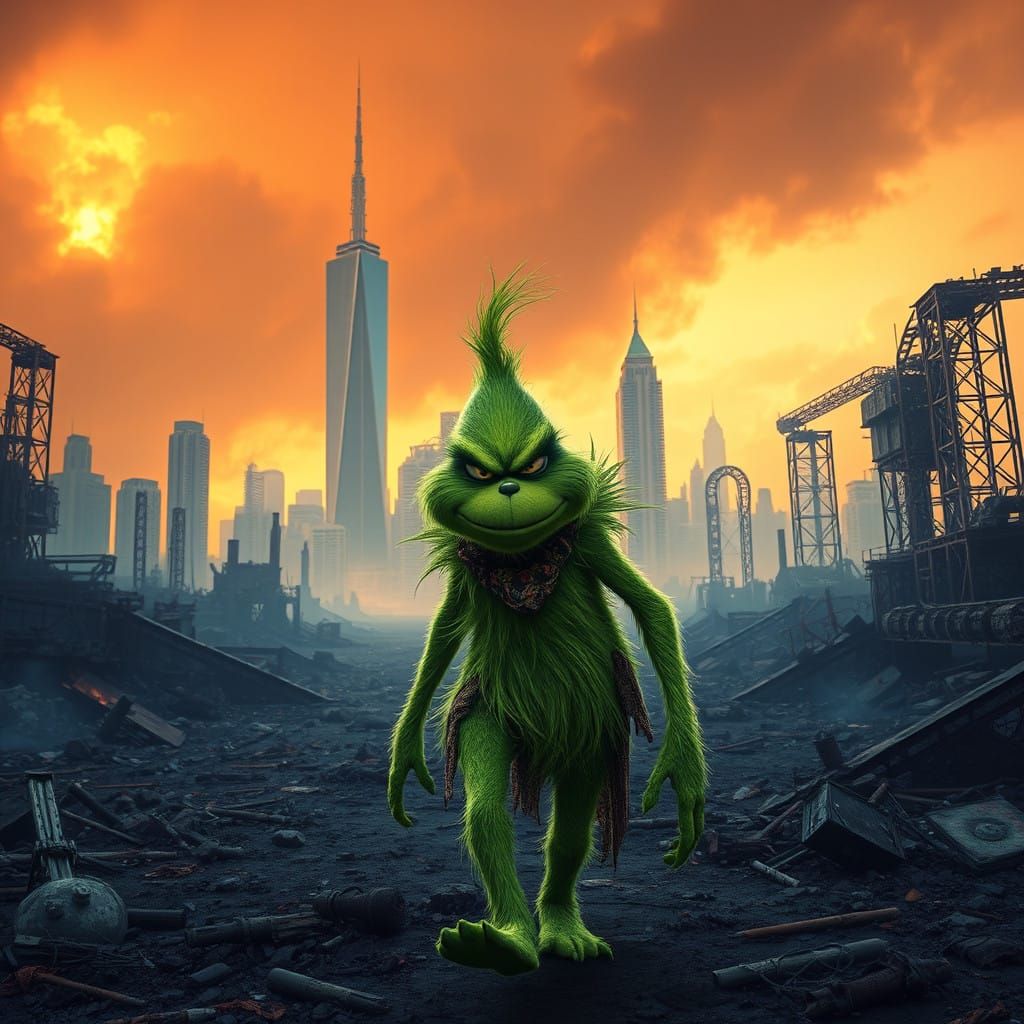 Grinch In Post-Apocalyptic Wasteland As Matte Painting