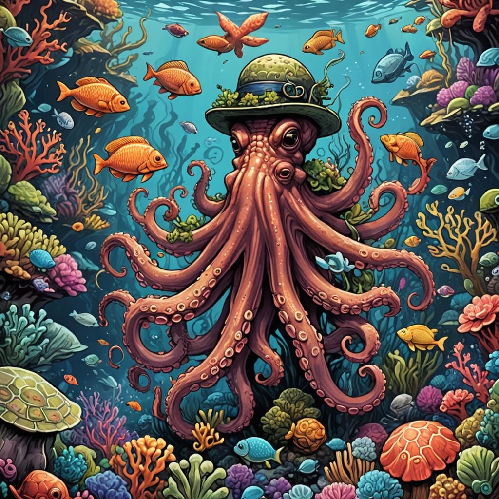 Octopus Gardener in Coral Reef: Comic Book Art