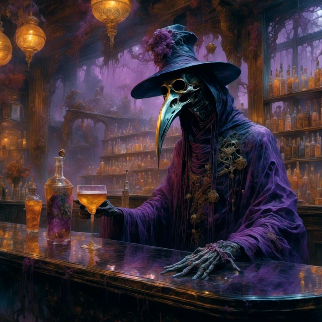 Ethereal Plague Doctor Drinking at a Bar