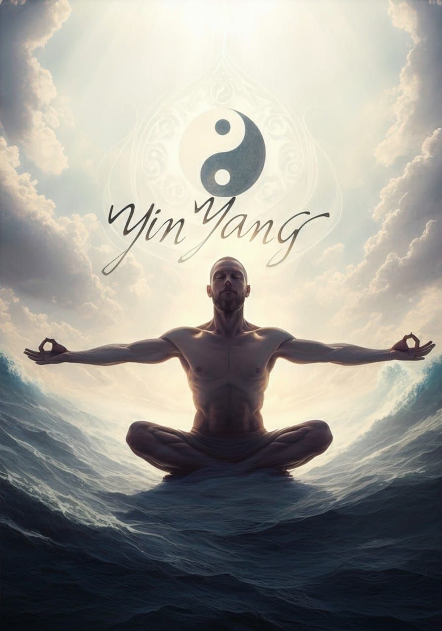 Meditating Silhouette with Yin Yang Symbol in Sky