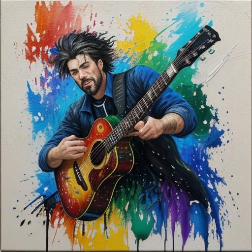 Musician Surrounded by Music Notes in Impasto Style