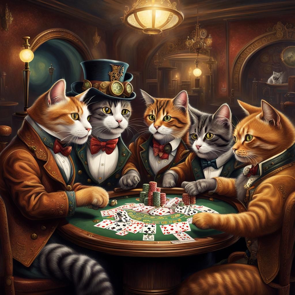 Steampunk Cats Playing Poker in a Casino