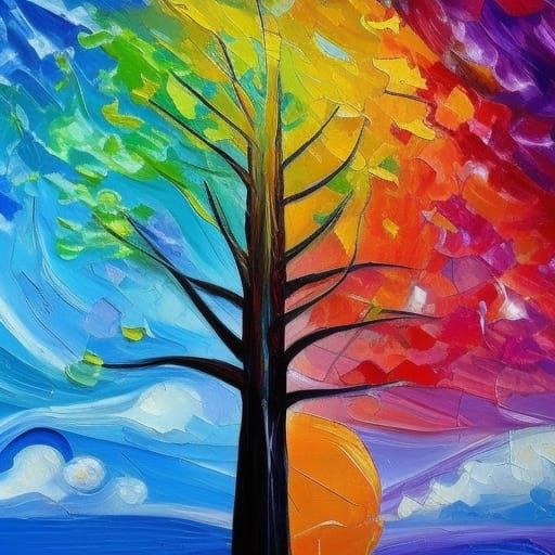 Rainbow Lightning Tree in Neo-Impressionist Style