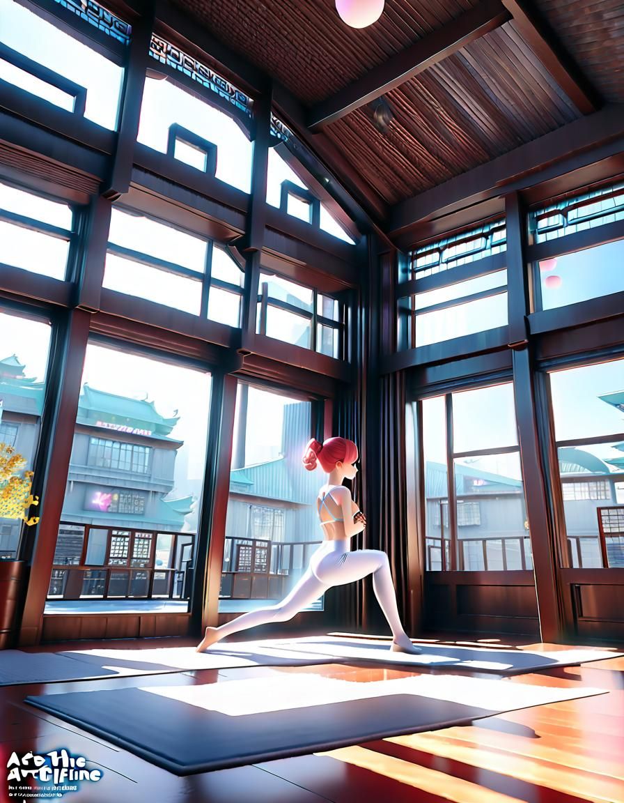 Anime Woman Doing Yoga in Shibuya, 3D Art