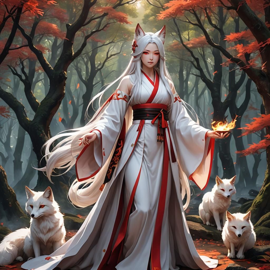 Anime Priestess with Kitsune Tails in Burning Forest