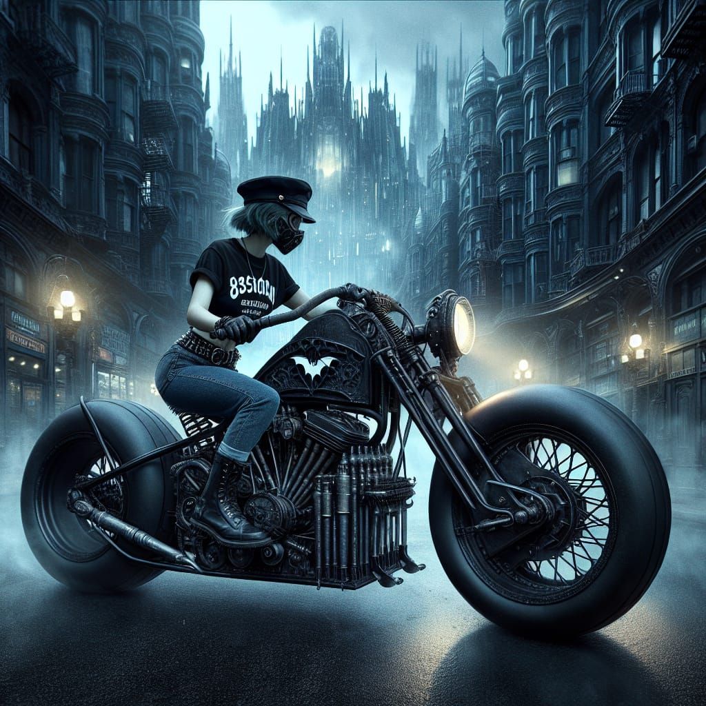 Gothic Punk Musician Rides Bat Motorcycle Through Dark City