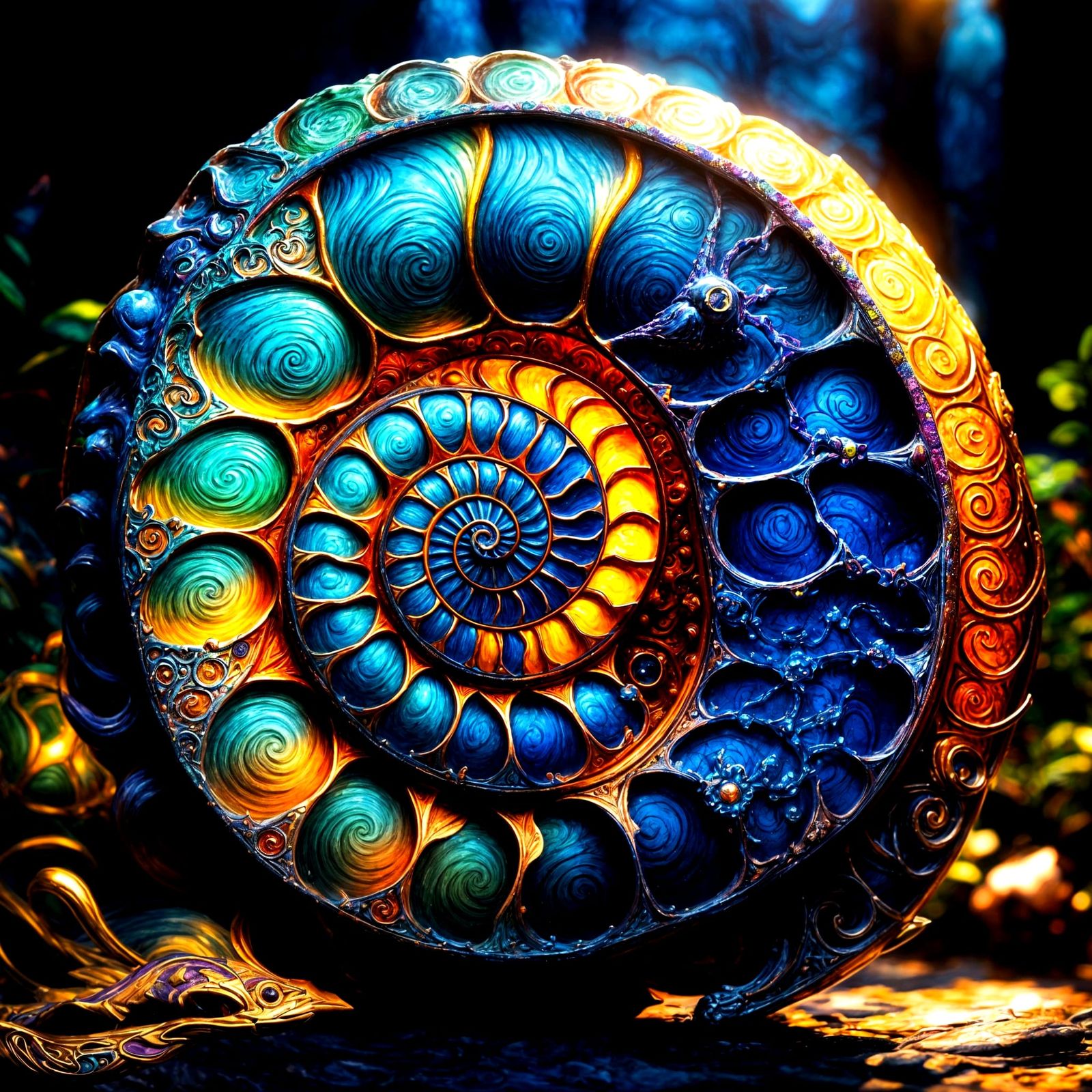 Vibrant Ammonite with Golden Accents in a Fantasy Landscape