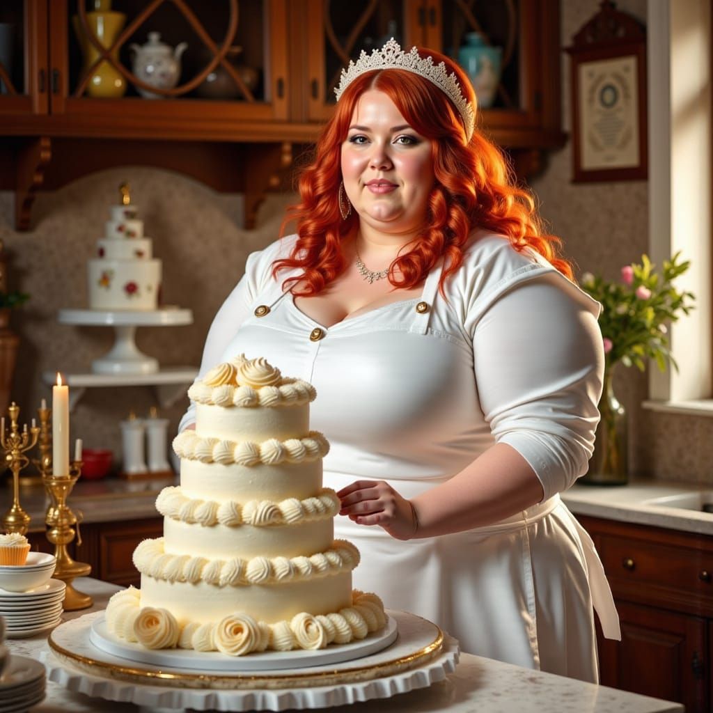 Glamorous Baker in Elegant Apron with Majestic Cake