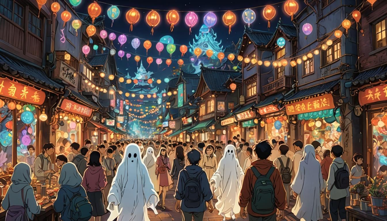 Yue Laan Ghost Party - detailed digital painting of a ghostly festival on a busy street, fantasy, colorful, whimsical, h...