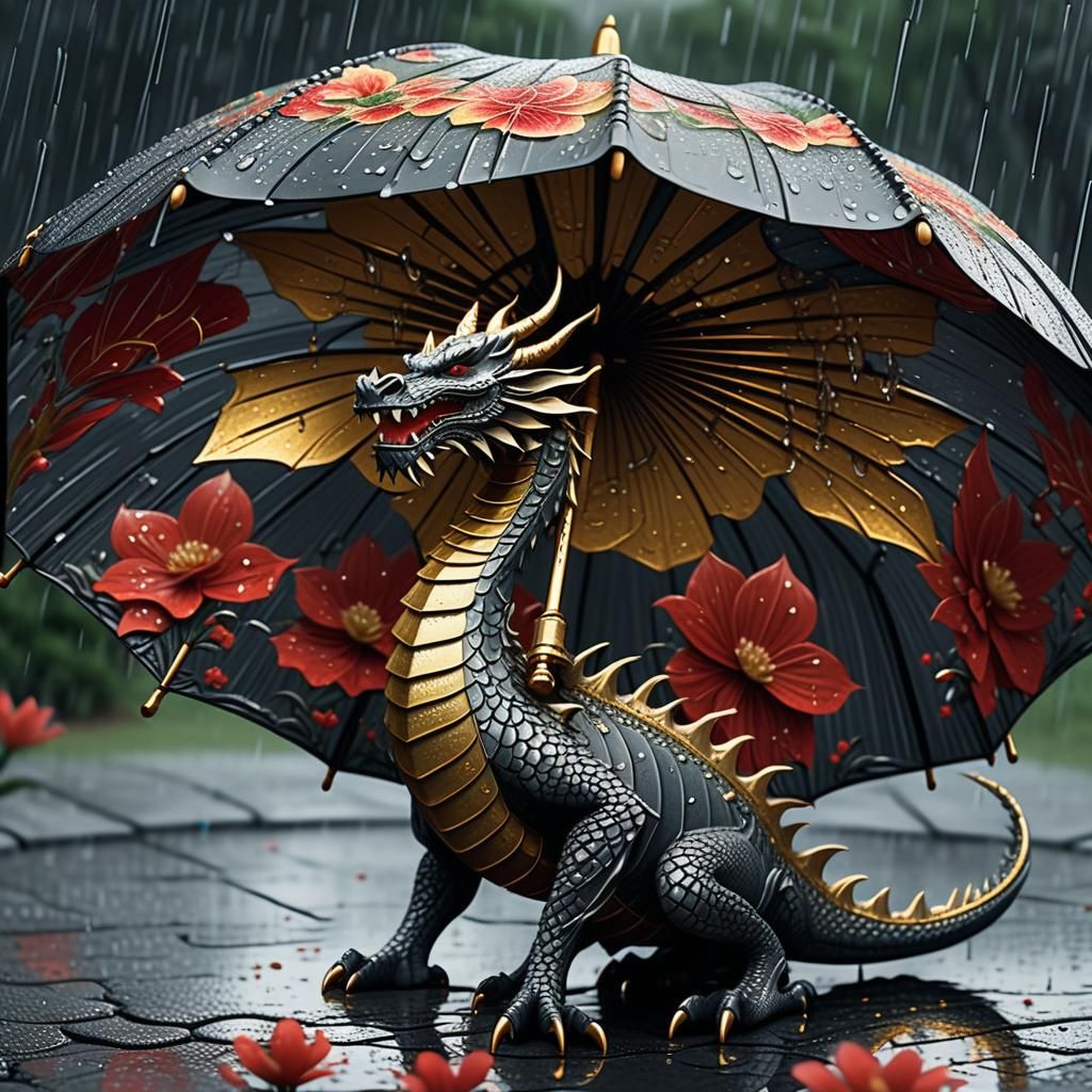 Dragon Under Umbrella in Dark Fantasy Style