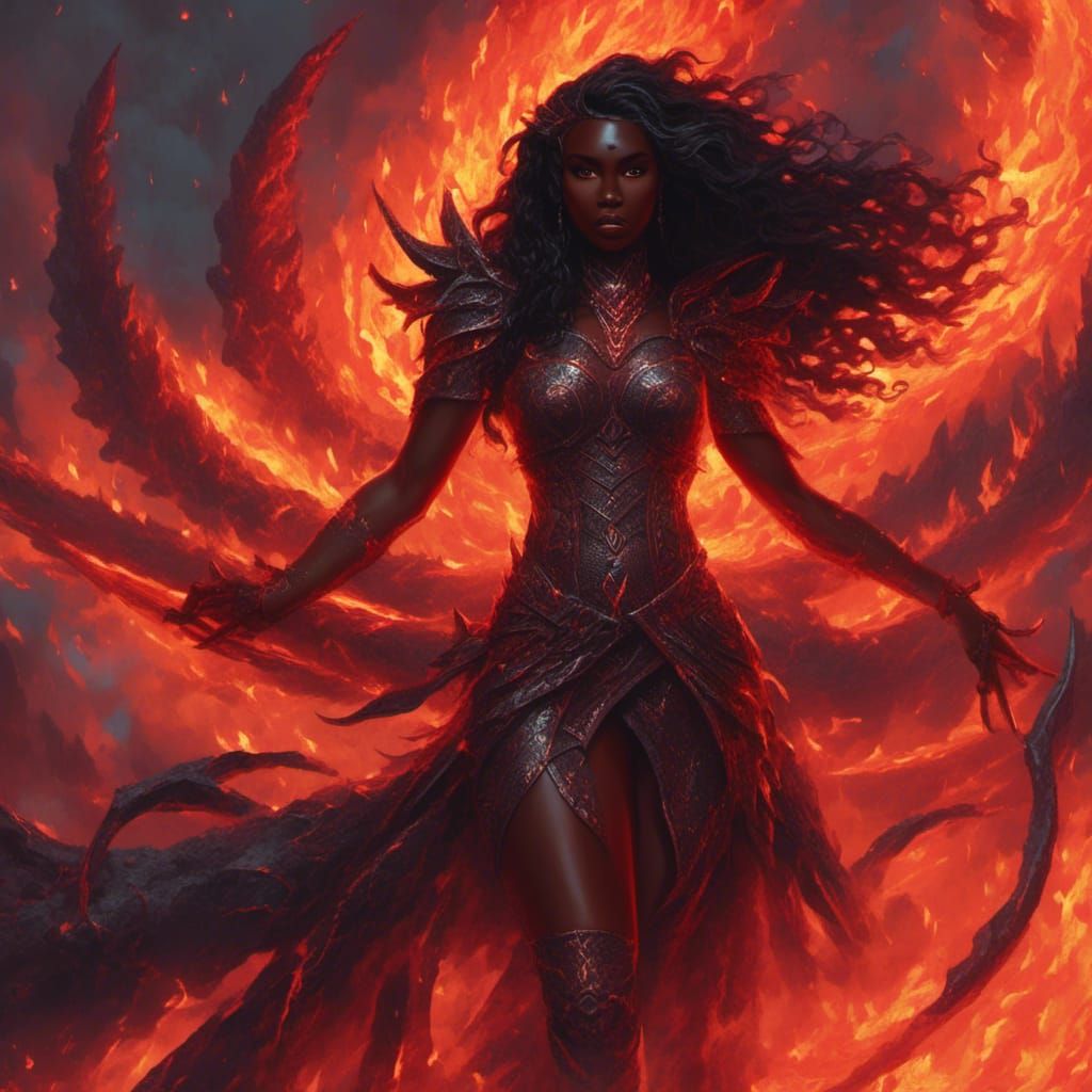 Lava Woman Emerging from Volcano with Dragon Scales