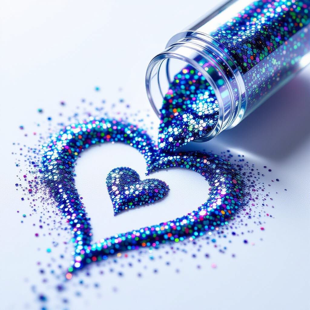 Iridescent Glitter Heart Forms on White Page